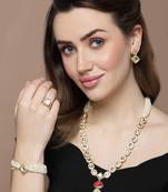 Gold & white adjustable ring with kundan & natural stones