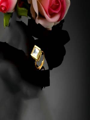 Gold & white adjustable ring with kundan & natural stones 2