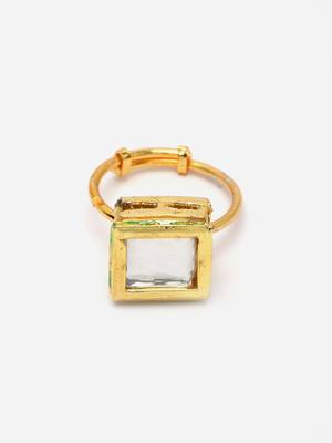Gold & white adjustable ring with kundan & natural stones 3