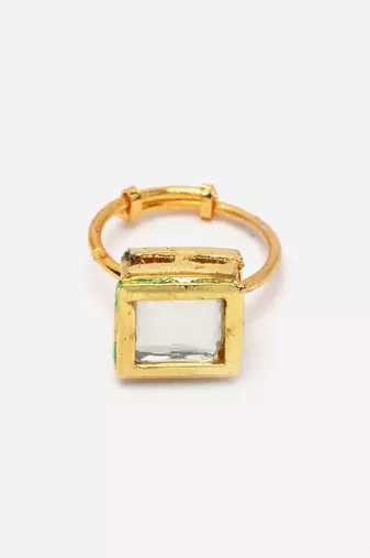 Gold & white adjustable ring with kundan & natural stones