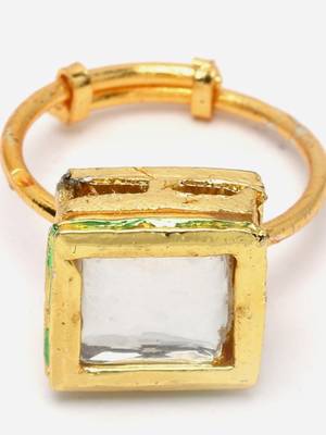 Gold & white adjustable ring with kundan & natural stones 4