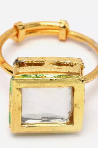 Gold & white adjustable ring with kundan & natural stones