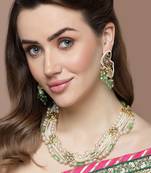 Green & cream layered necklace with kundan & pearls