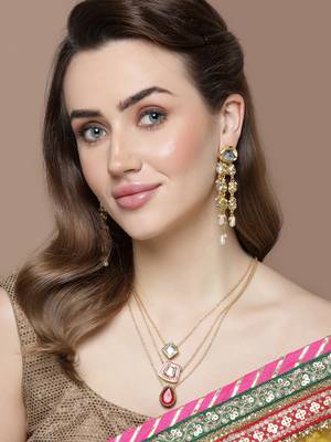 Red & gold layered necklace with kundan & natural stones 1
