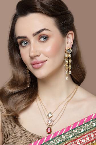Red & gold layered necklace with kundan & natural stones