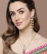 Red & gold layered necklace with kundan & natural stones