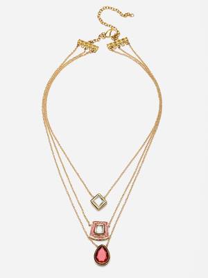 Red & gold layered necklace with kundan & natural stones 3