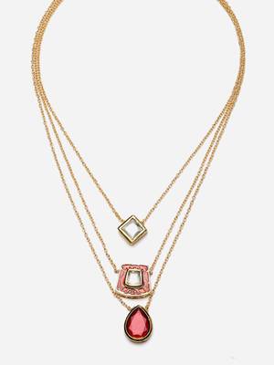Red & gold layered necklace with kundan & natural stones 4