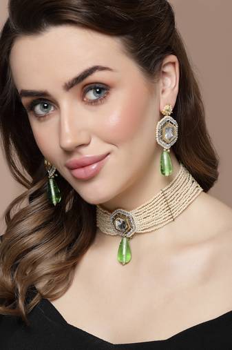 Green & cream chokar necklace with kundan & american diamond