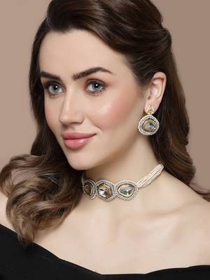 Grey & silver chokar necklace with kundan & american diamonds 1