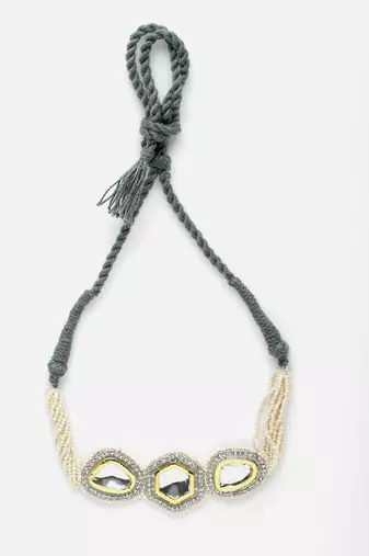 Grey & silver chokar necklace with kundan & american diamonds
