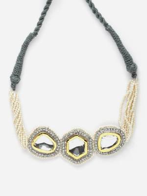 Grey & silver chokar necklace with kundan & american diamonds 4