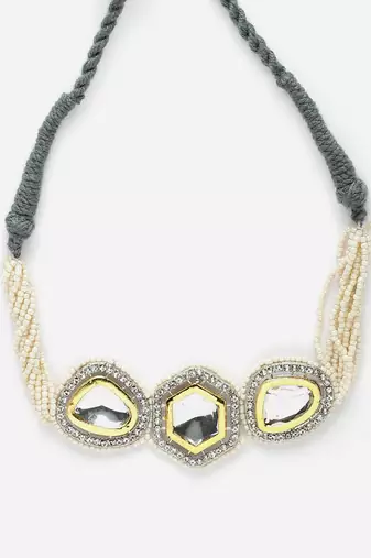 Grey & silver chokar necklace with kundan & american diamonds