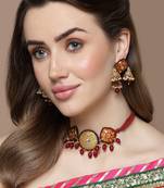 Red & grey chokar necklace with kundan & pearls
