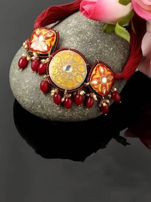 Red & grey chokar necklace with kundan & pearls 2