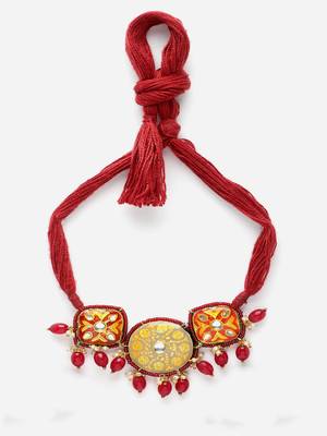 Red & grey chokar necklace with kundan & pearls 3