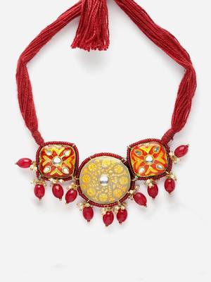 Red & grey chokar necklace with kundan & pearls 4