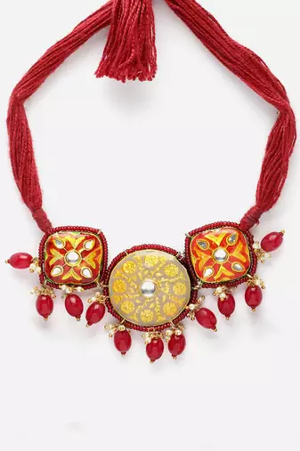 Red & grey chokar necklace with kundan & pearls