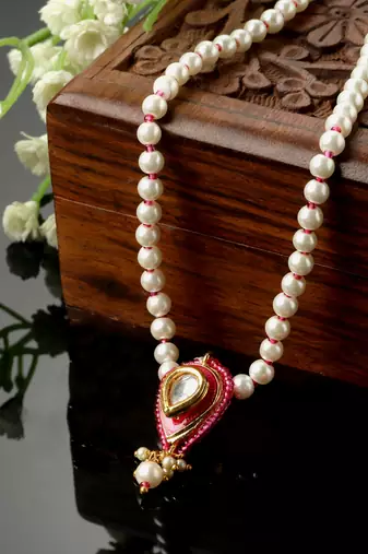 Pink & gold haar necklace with kundan & pearls