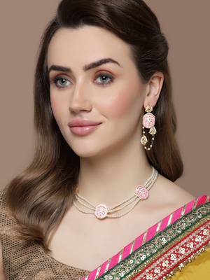 Pink & gold haar necklace with kundan & pearls 1