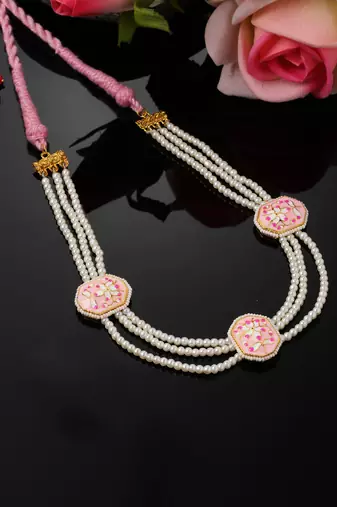 Pink & gold haar necklace with kundan & pearls