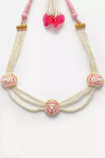 Pink & gold haar necklace with kundan & pearls