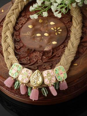Green & pink haar necklace with kundan & pearls 3