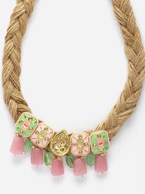 Green & pink haar necklace with kundan & pearls 4
