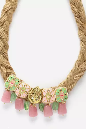 Green & pink haar necklace with kundan & pearls
