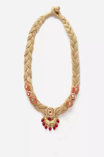 Pink & red haar necklace with kundan & pearls