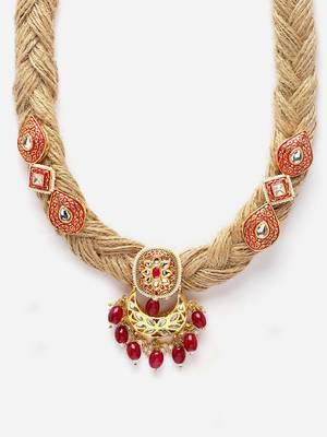 Pink & red haar necklace with kundan & pearls 4