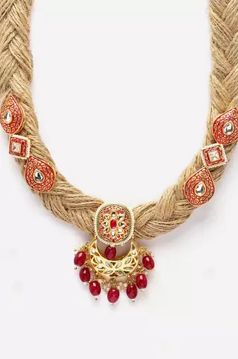 Pink & red haar necklace with kundan & pearls