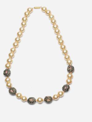 Pink & cream haar necklace with american diamond & pearls 3