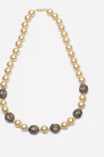 Pink & cream haar necklace with american diamond & pearls
