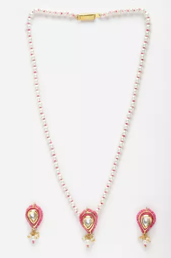 Pink & gold necklace with earring jewellery set with kundan & pearls