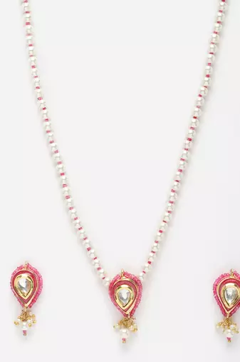 Pink & gold necklace with earring jewellery set with kundan & pearls