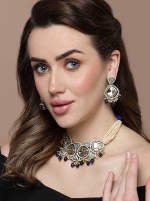 Blue & green necklace with earring jewellery set with kundan & american diamonds 1