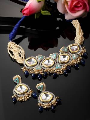 Blue & green necklace with earring jewellery set with kundan & american diamonds 2