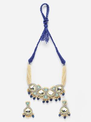 Blue & green necklace with earring jewellery set with kundan & american diamonds 3