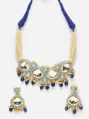 Blue & green necklace with earring jewellery set with kundan & american diamonds 4