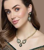 Green & cream necklace with earring jewellery set with kundan & pearls