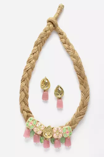 Green & pink necklace with earring jewellery set with kundan & pearls