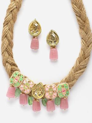 Green & pink necklace with earring jewellery set with kundan & pearls 4