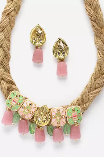 Green & pink necklace with earring jewellery set with kundan & pearls