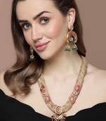 Pink & red necklace with earring jewellery set with kundan & pearls