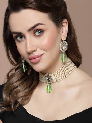 Green & cream necklace with earring jewellery set with kundan & pearls 1