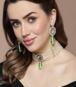 Green & cream necklace with earring jewellery set with kundan & pearls