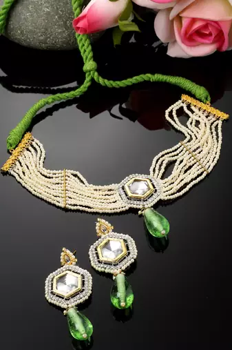 Green & cream necklace with earring jewellery set with kundan & pearls