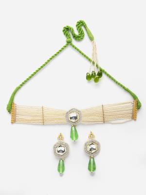 Green & cream necklace with earring jewellery set with kundan & pearls 3