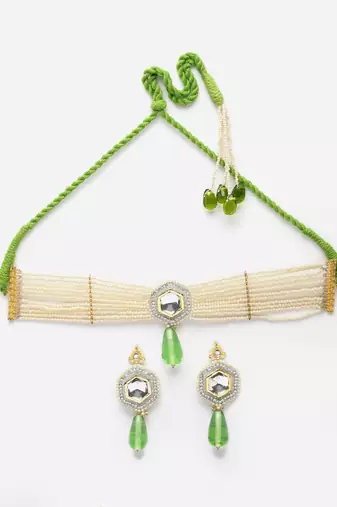 Green & cream necklace with earring jewellery set with kundan & pearls